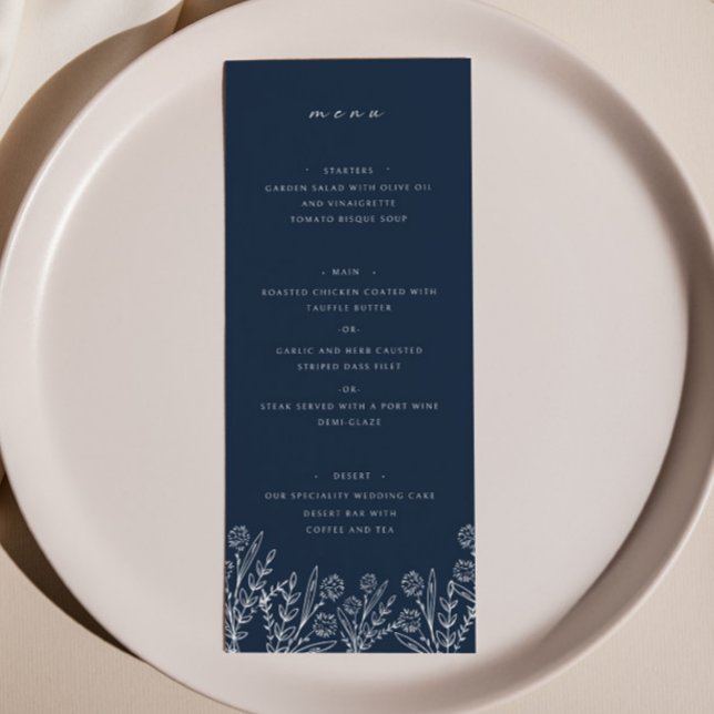 Menu Elégant Fleur sauvage Marine Blue Mariage Dîner Me (Créateur téléchargé)