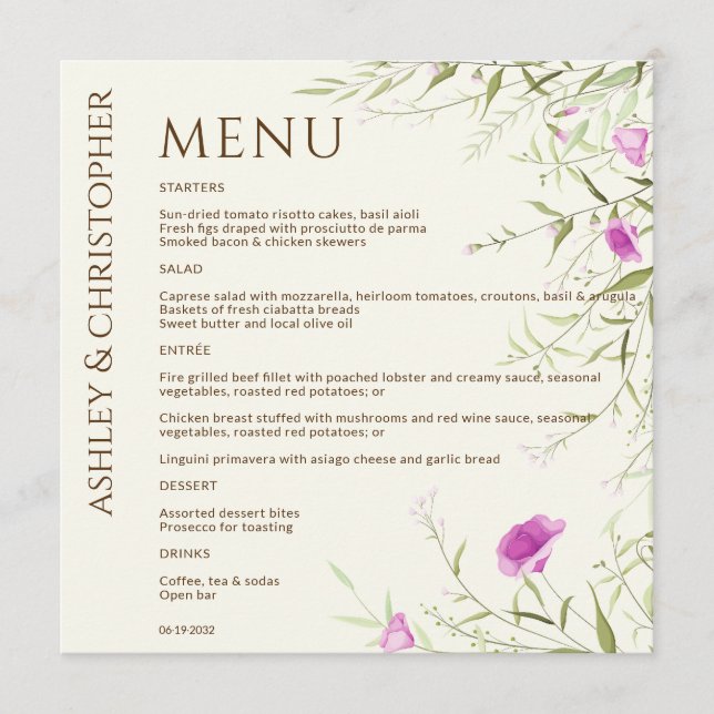 Menu Élégant Fleur sauvage moderne Mariage off-White (Devant)