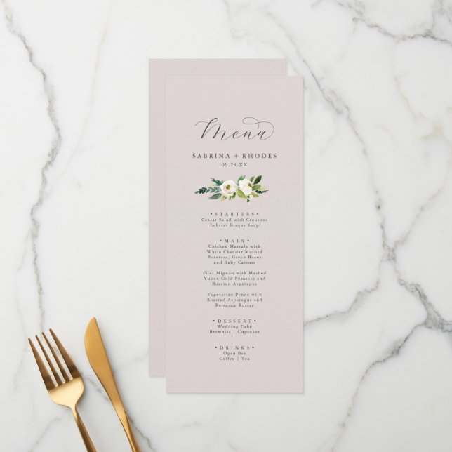 Menu Élégant floral blanc | Blush Mauve Dîner Mariage (Devant/Arrière en situation)