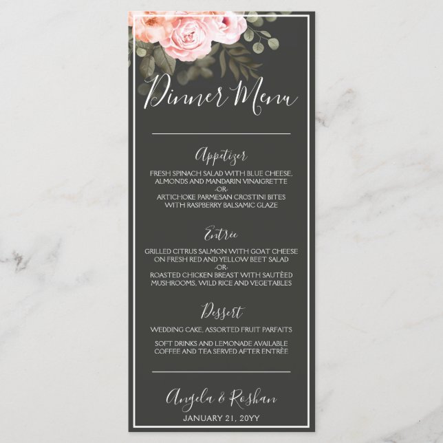 Menu Élégant Floral Blush Rose Botanique Moderne Dîner (Devant)