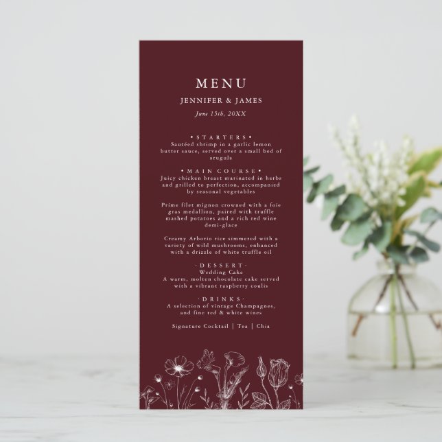Menu Elegant Floral Burgundy Wedding  (Debout devant)