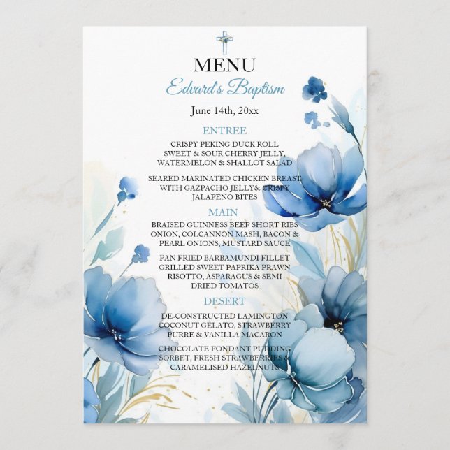 Menu Élégant floral Dusty Baptême bleu (Devant)