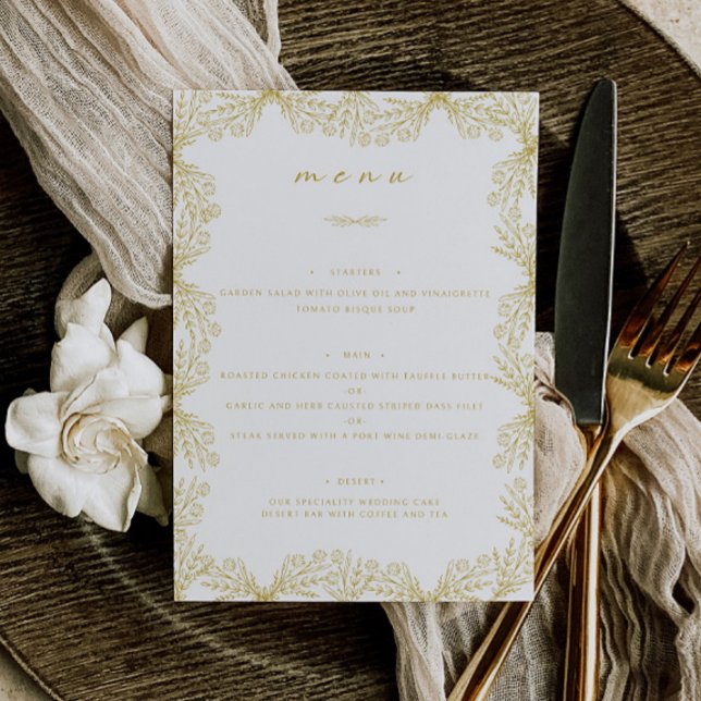 Menu Elégant Floral Gold & White Mariage Table Dîner (Créateur téléchargé)