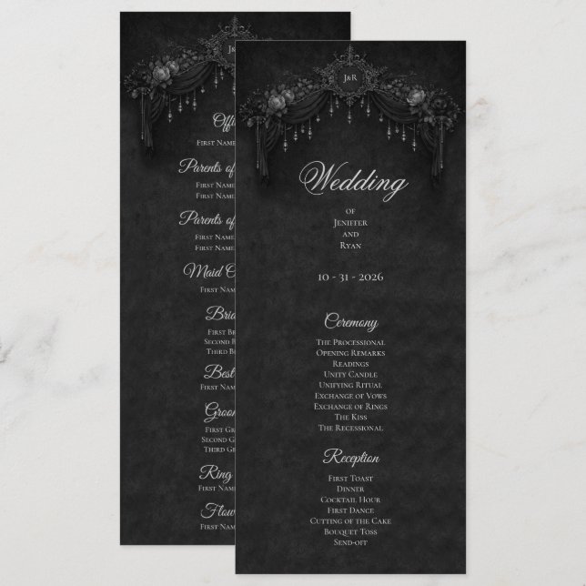 Menu Elegant floral Gothic Halloween Wedding Program (Devant / Derrière)