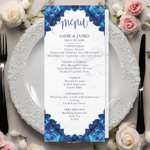 Menu Elégant Floral Navy Blue & Marbre blanc Mariage