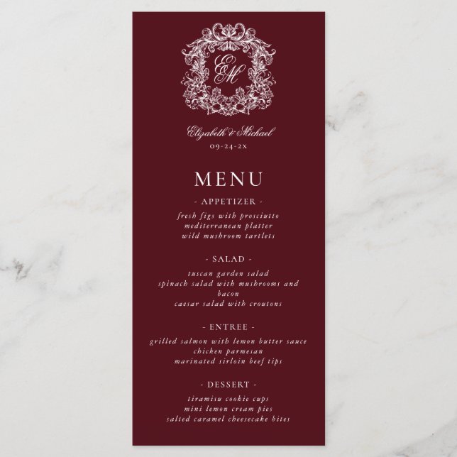 Menu Elegant Formal Monogram Crest Burgundy Wedding (Devant)