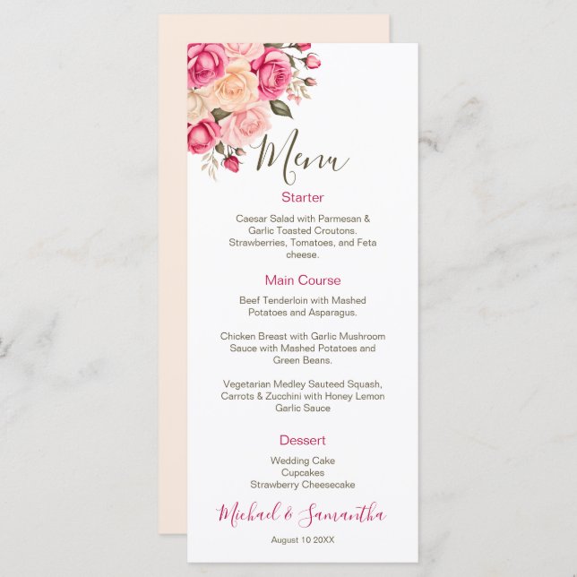 Menu Élégant Fucia Rose rose et ivoire Mariage (Devant / Derrière)