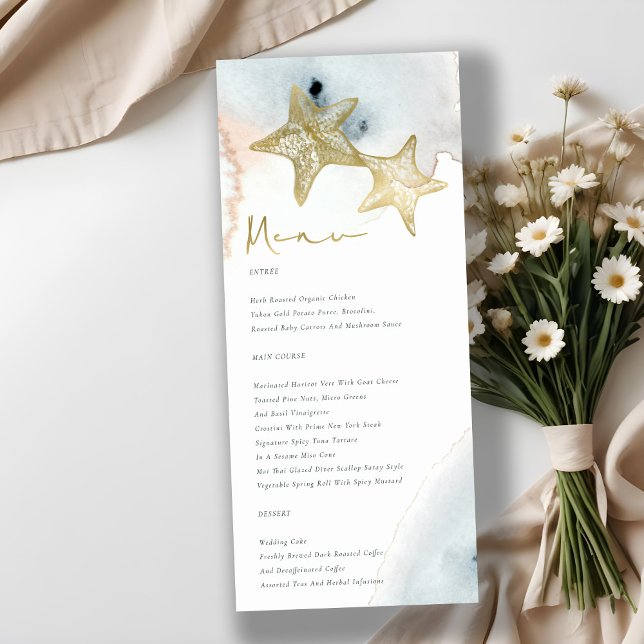 MENU ÉLÉGANT GOLD DUSKY BLUE BEACHING STARFISH MARIAGE (Créateur téléchargé)