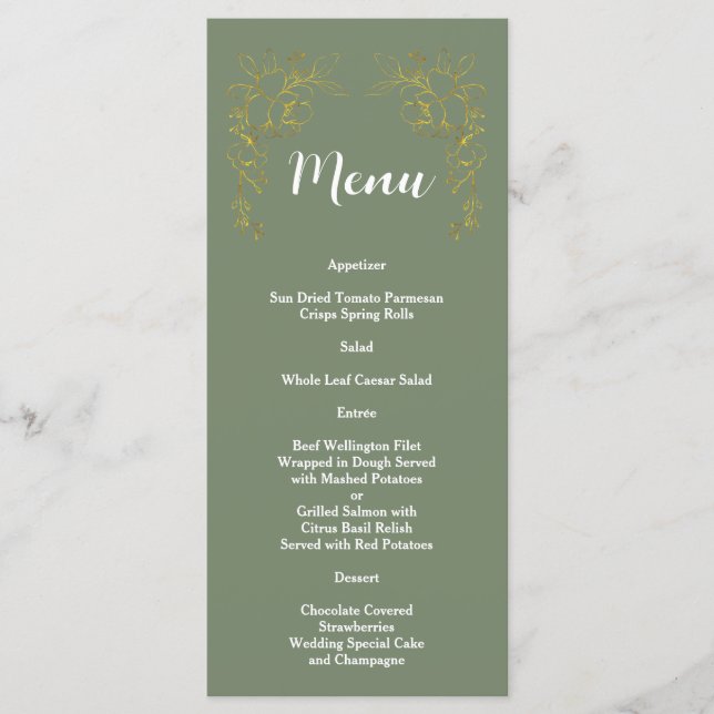 Menu Elegant Gold Floral Sage Green Wedding  (Devant)