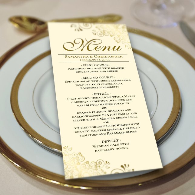 Menu Elégant Golden Frills sur Mariage crème (On Plate)