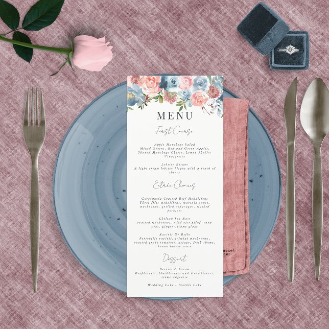 Menu Élégant Guirlande Florale Bleu Poussiéreux et Rose (Créateur téléchargé)