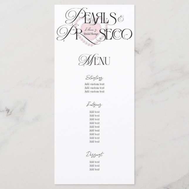 Menu Elegant Heart Pearls Prosecco Fête des mariées Bub (Devant)