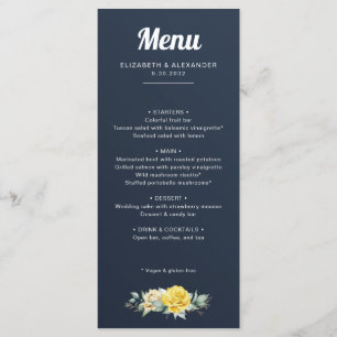 Menu Elégant jaune roses aquarelle marine bleu mariage