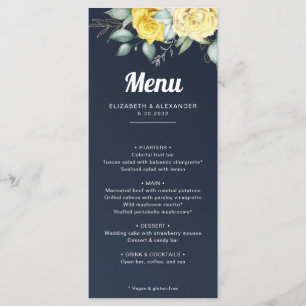 Menu Elégant jaune roses marine bleu aquarelle mariage