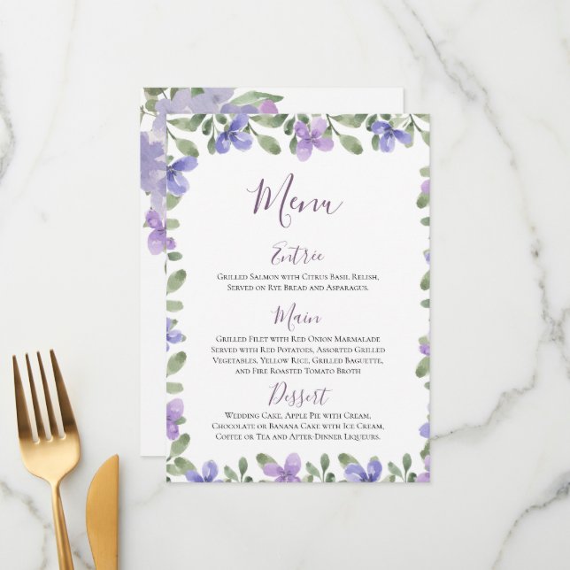 Menu Elégant Lilac Dusty Blue Floral Mariage Réception (Devant/Arrière en situation)