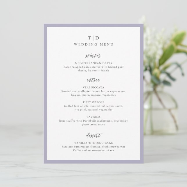 Menu Élégant Lilac Monogramme Mariage moderne (Debout devant)
