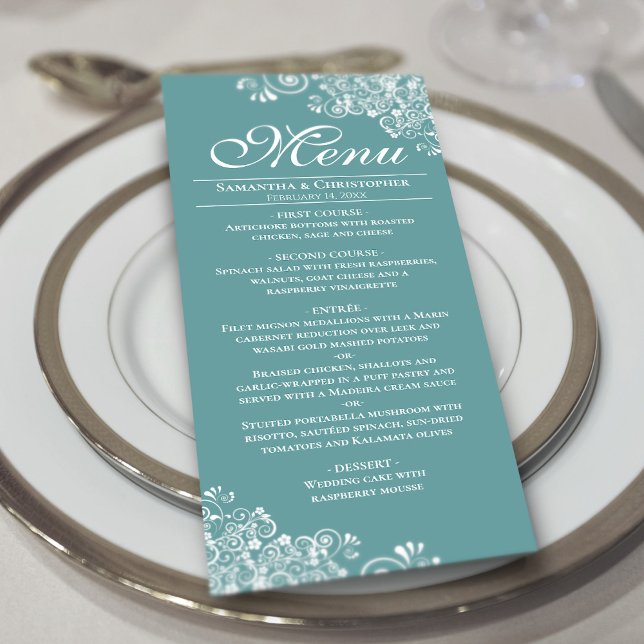 Menu Elégant Mariage Aqua Turquoise ou foncé et boucles (On Plate)