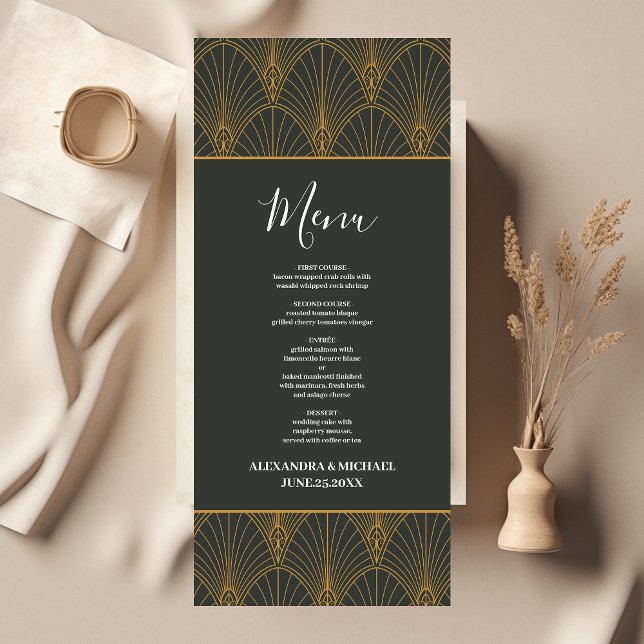 Menu Élégant Mariage Art Déco Gold Green (Créateur téléchargé)