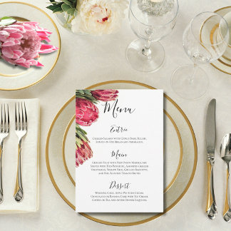Menu Élégant mariage aux proteas rose et vert tropicaux
