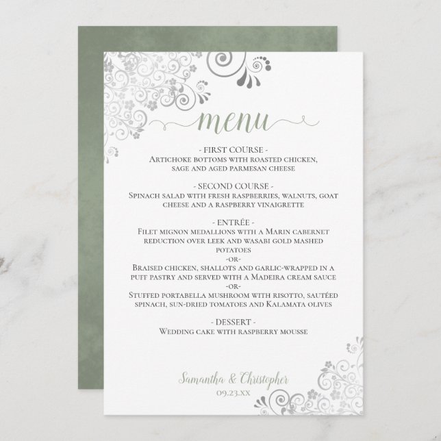 Menu Elégant Mariage blanc en dentelle argentée (Devant / Derrière)
