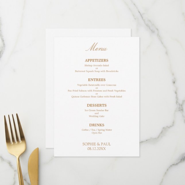 Menu élégant Mariage blanc Golden Beige (Devant/Arrière en situation)