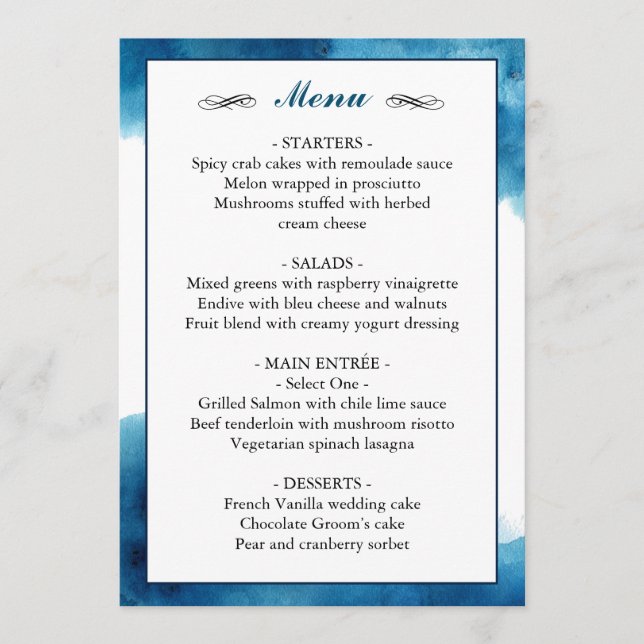 Menu Elégant Mariage d'aquarelle bleu (Devant)