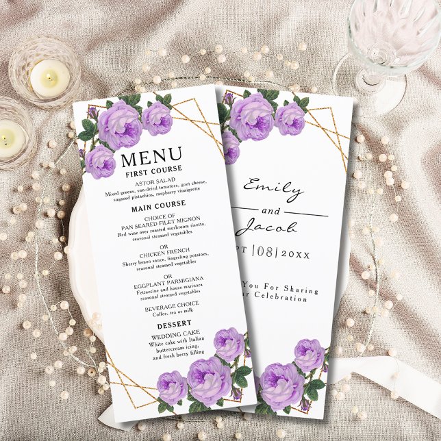 Menu Elégant Mariage de Boho Géométrique violet Floral  (Elegant Gold Geometric Purple Floral Boho Wedding Menu Cover)