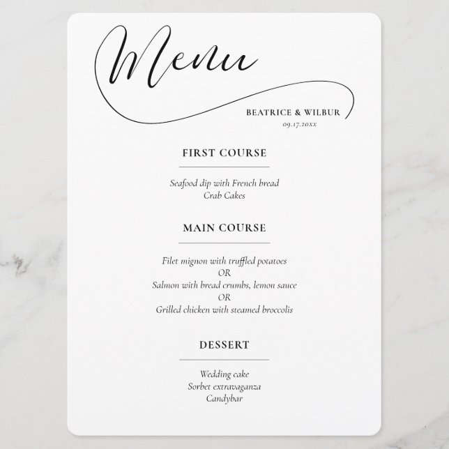 Menu Élégant mariage de calligraphie romantique (Devant)
