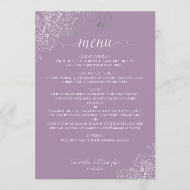 Menu Élégant Mariage de dentelle argenté Lavande violet (Devant)