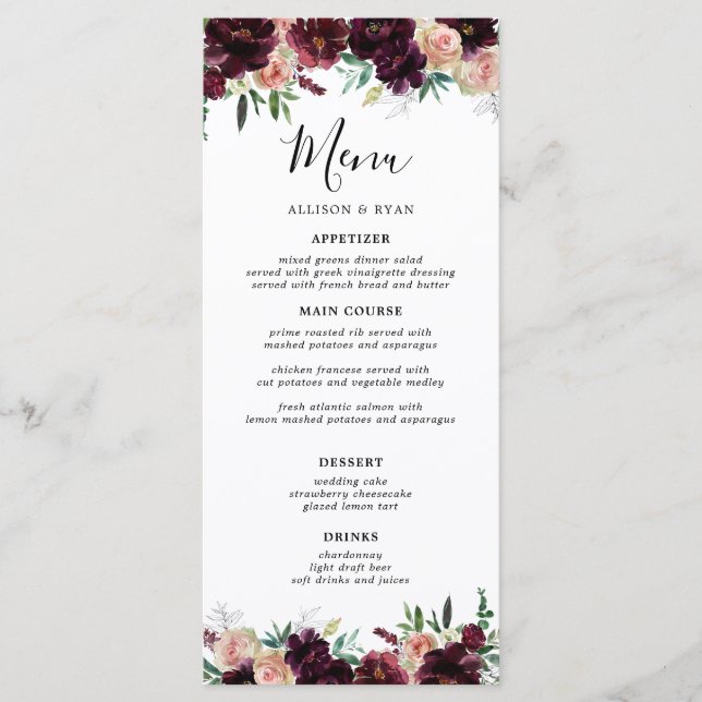 Menu Élégant Mariage de fleurs bourguignonnes (Devant)