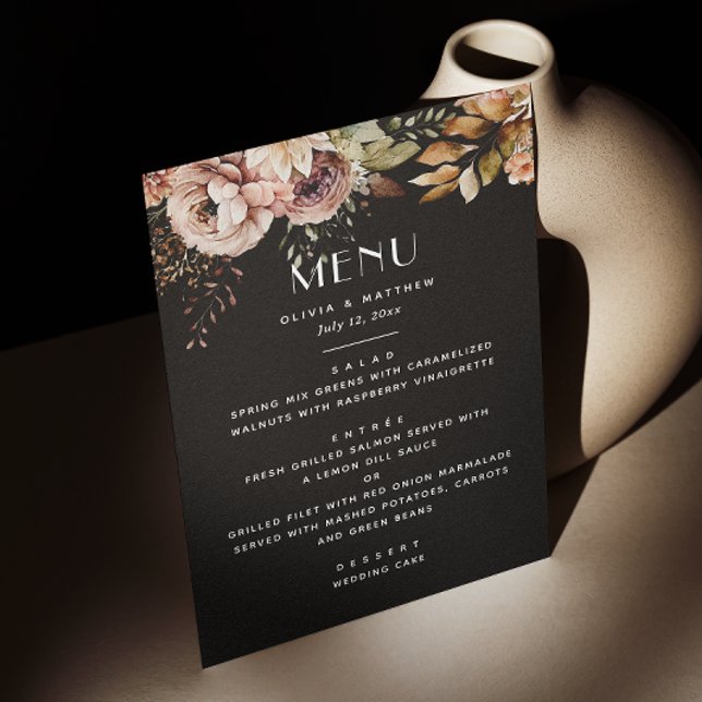 Menu Élégant Mariage de fleurs noires | Boho foncé (Créateur téléchargé)