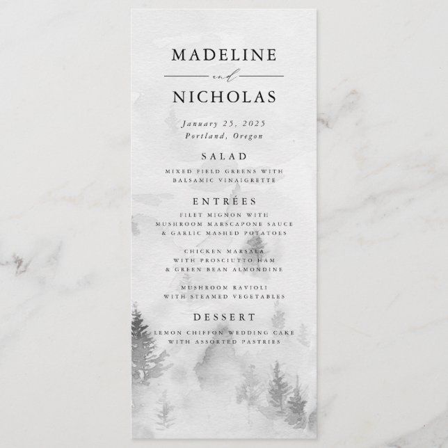 Menu Élégant Mariage de la forêt d'hiver de Grey (Devant)