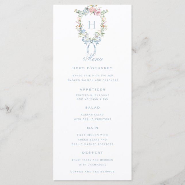 Menu Élégant Mariage de monogramme de couronne fleurie (Devant)