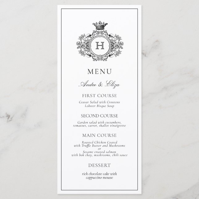 Menu Élégant Mariage de Monogramme de crête noire et bl (Devant)