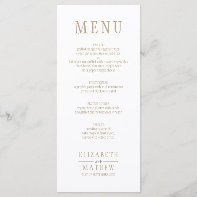 Menu Élégant Mariage de nom d'or blanc (Devant)