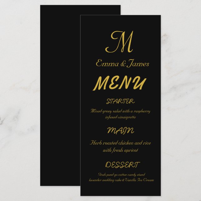 Menu Élégant Mariage de script de monogramme noir et or (Devant / Derrière)