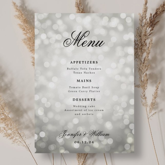 Menu Élégant Mariage de script Silver Bokeh Lumières (Elegant Script Wedding Silver Bokeh Lights Menu)