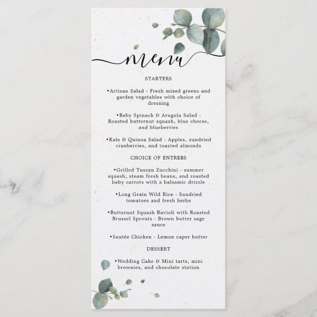 Menu Élégant Mariage Eucalyptus (Devant)