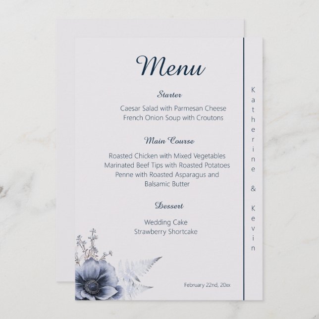 Menu Élégant Mariage floral bleu et blanc (Devant / Derrière)
