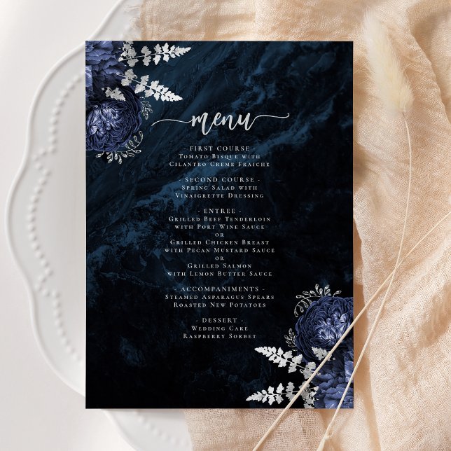 Menu Elégant Mariage floral bleu marine (Créateur téléchargé)