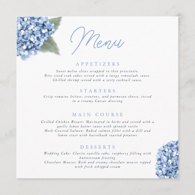Menu Élégant Mariage floral Blue Hydrangea (Devant)