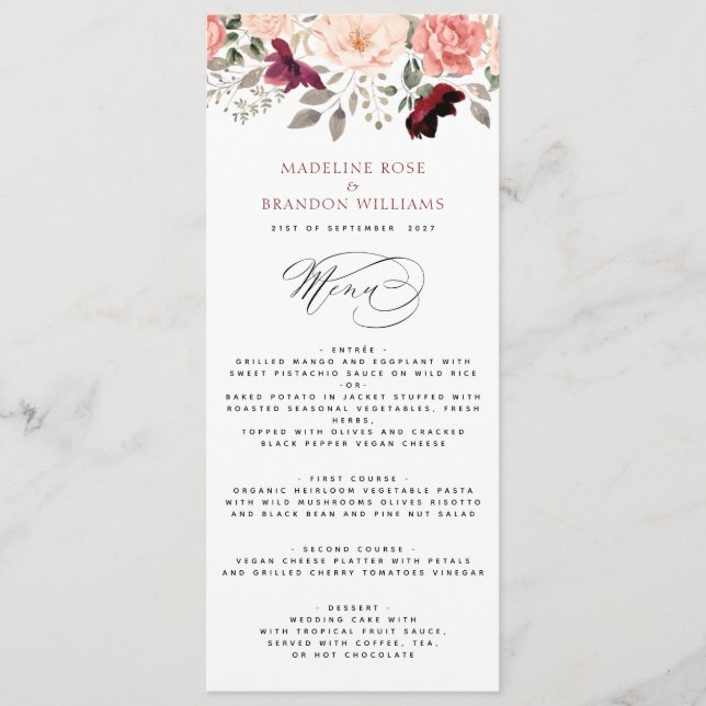 Menu Élégant Mariage floral Burgundy Blush (Devant)