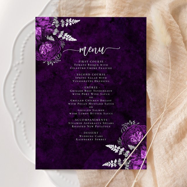 Menu Élégant Mariage floral en argent Plum (Créateur téléchargé)