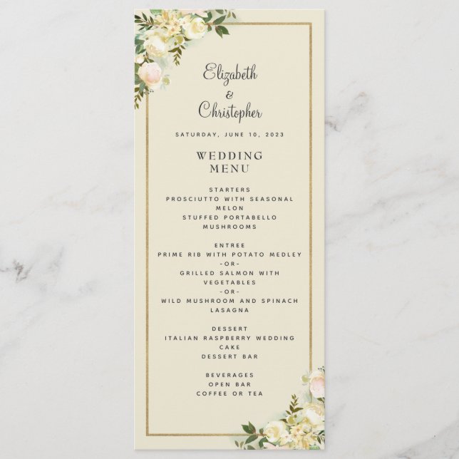Menu Elégant Mariage Floral Rose Gold Frame Eggshell (Devant)