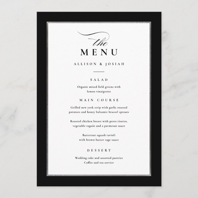 Menu Élégant Mariage noir et argent (Devant)