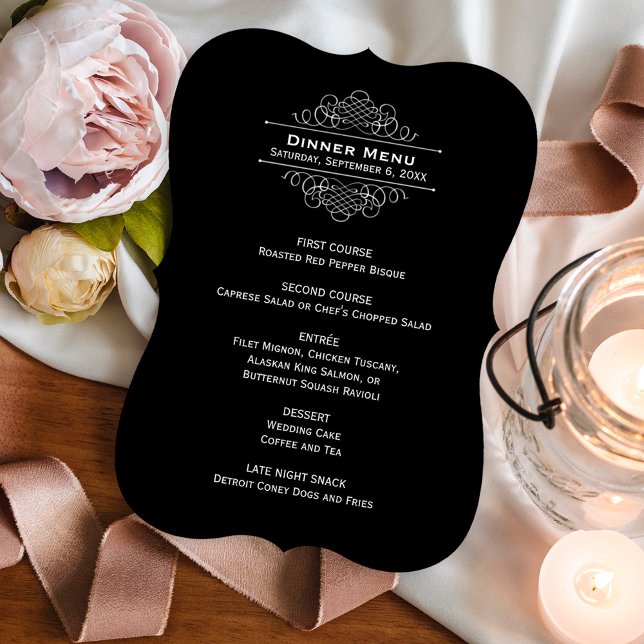 Menu Élégant Mariage noir et blanc Monogram Dîner (Créateur téléchargé)