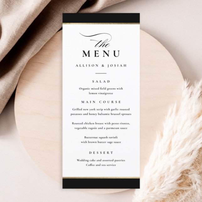 Menu Élégant Mariage noir et or (Elegant black and white with gold frame wedding menu.)