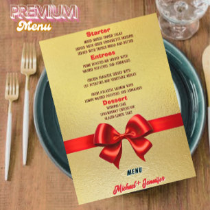 Menu Elegant Mariage or avec ruban rouge et photo