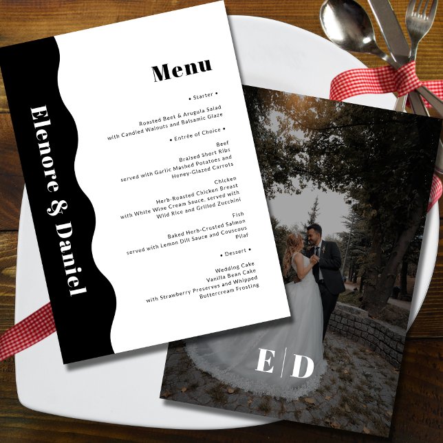 Menu Élégant Mariage photo noir et blanc côté vague (Elegant Black and White Side Wave Photo Wedding Menu)