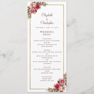 Menu Elégant mariage Rose Floral Gold Frame Blanc